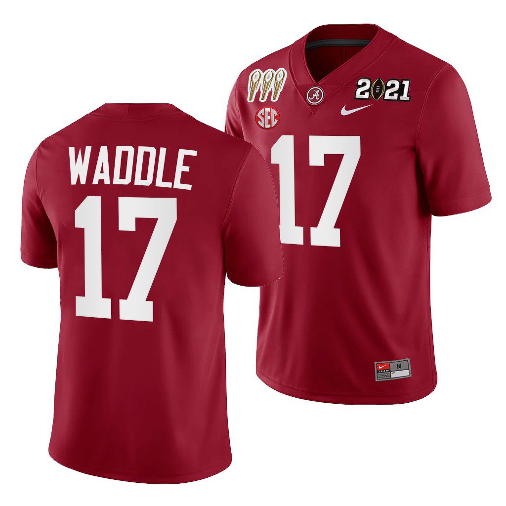 Men's Alabama Crimson Tide Jaylen Waddle #17 Crimson 3X CFP National Championship Winner NCAA College Football Jersey